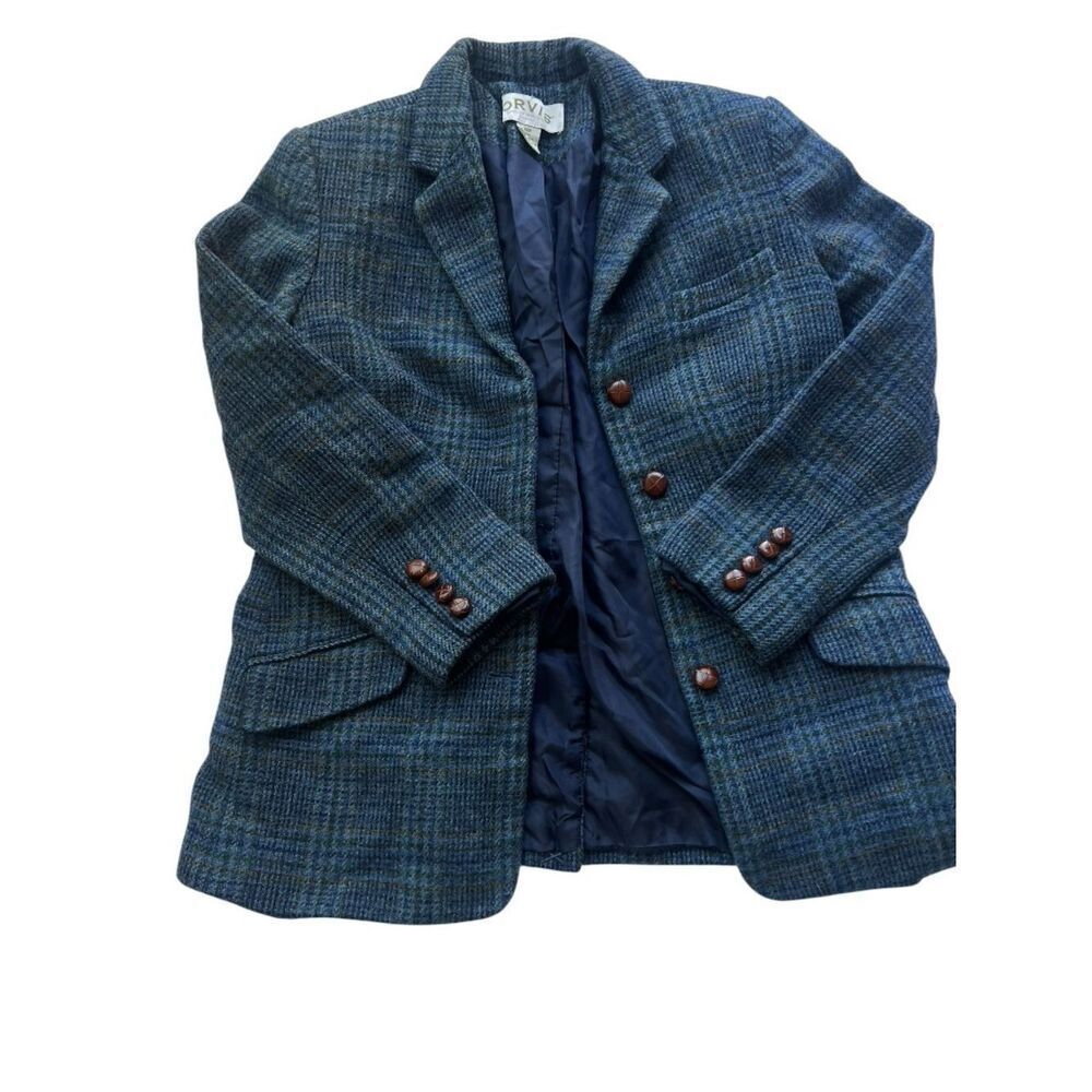 ORVIS Blue Plaid Petite 100% Wool Preppy Acdemia Blazer 14P